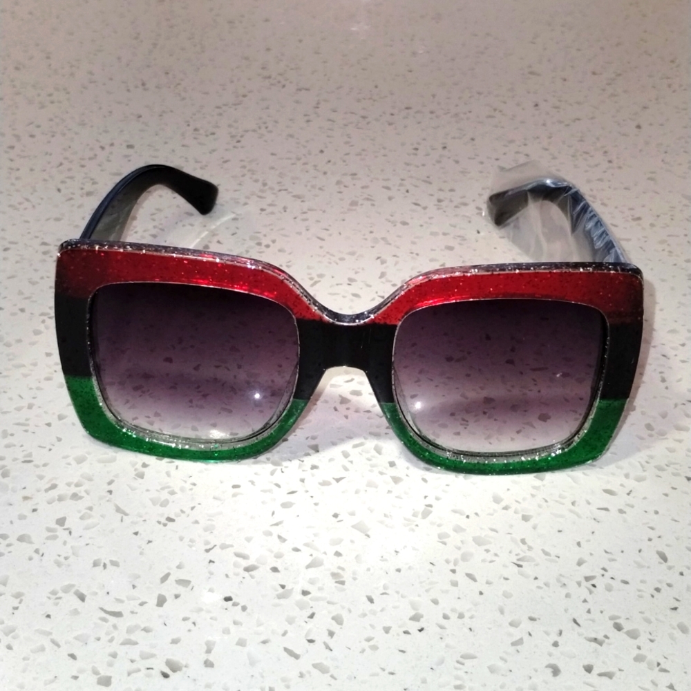 Ladies Square Color Block Oversized Framed Sunglasses (Red/Green/Black Legs)-New